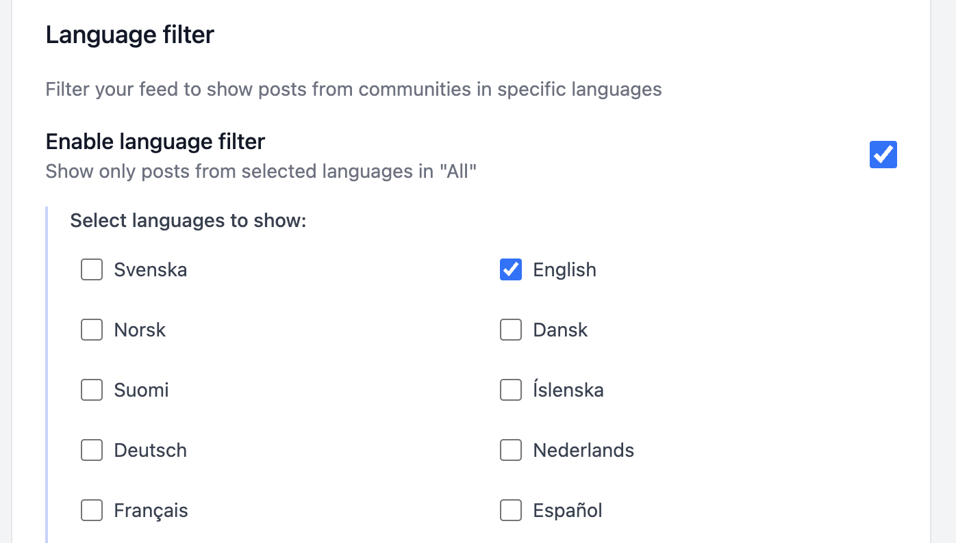 Language filter for communities